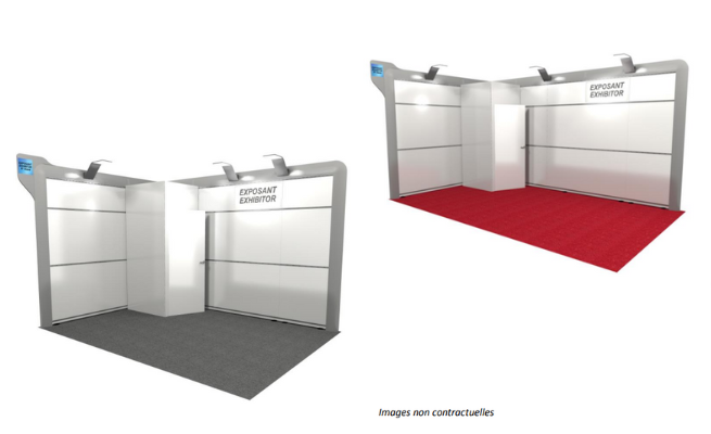 Design stands with red or grey carpeting